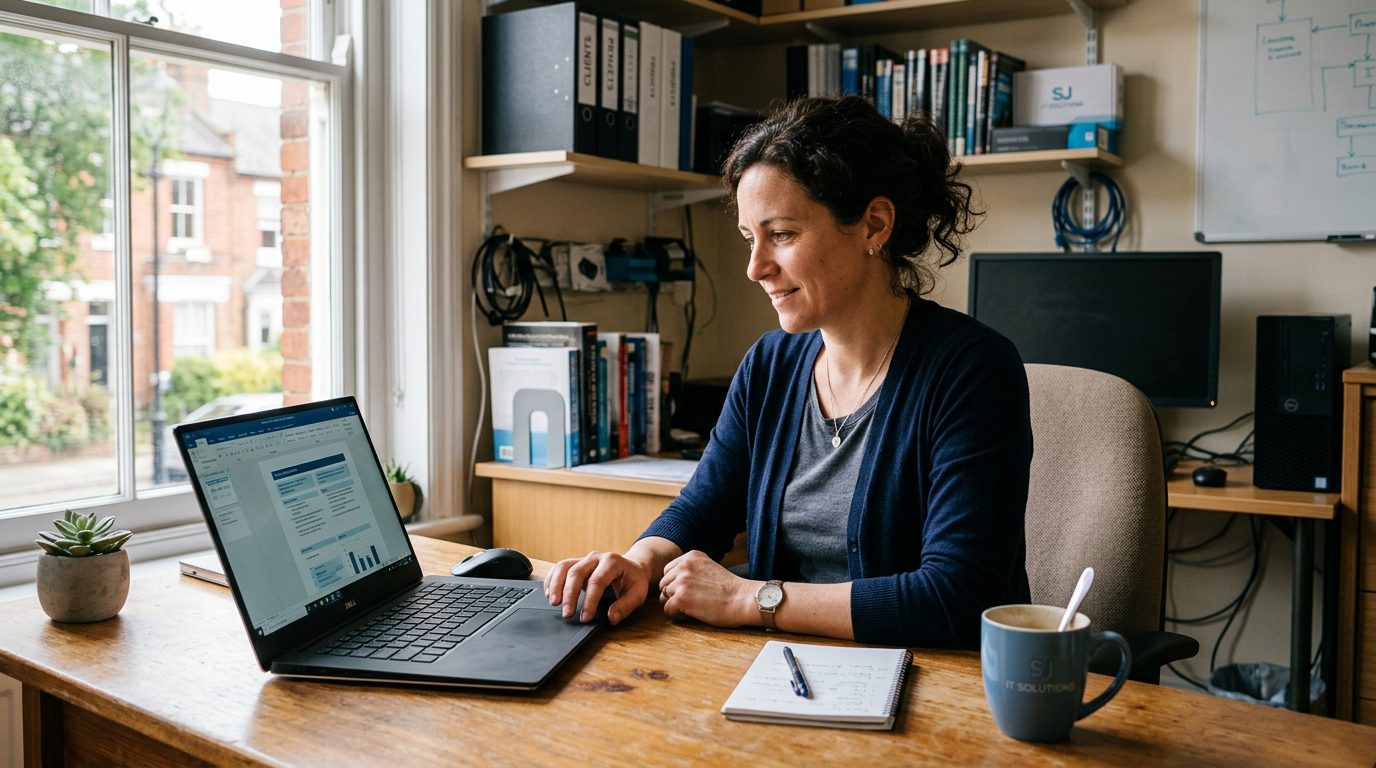IT services team reviewing a bid proposal draft on a laptop screen in an office